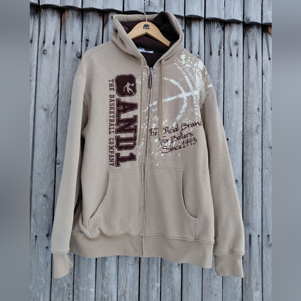 Vintage 90s AND1 brown embroidered waffle lined zip front hoodie Mens L